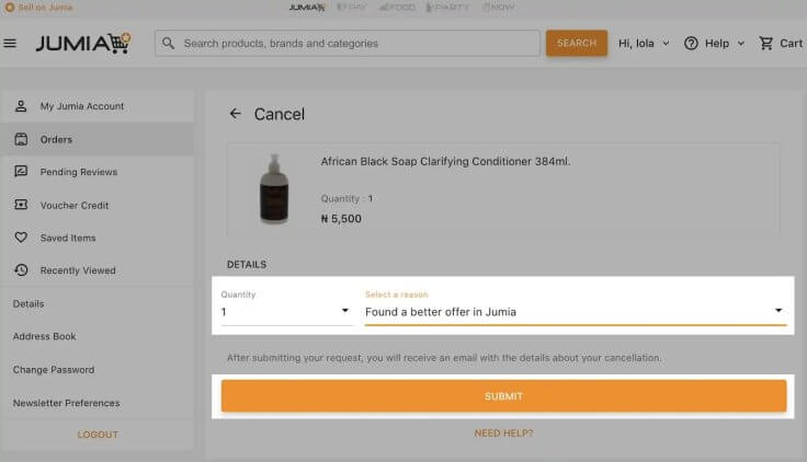 Jumia SUBMIT cancellation form page